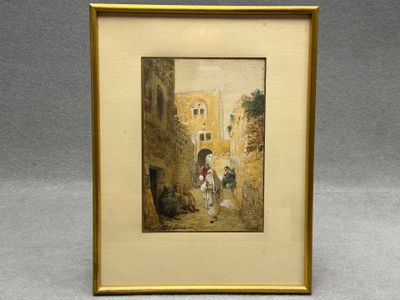 Marie Edmond HONER (XIXème) Rue animée orientaliste. Aquarel…