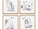 a set of four black and white drawings of a woman and a cat