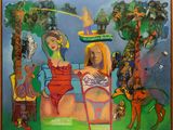 painting of two women sitting on a bench in front of a painting of a man and a woman