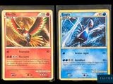 two pokemon cards are shown side by side on a black background