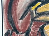 abstract painting of a red and yellow flower in a black frame