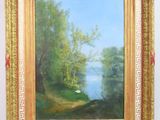 une peinture à l'huile représentant un paysage avec des arbres et un lac