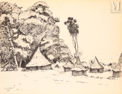 dessin représentant un village avec un toit de chaume et des arbres au premier plan