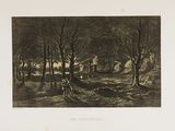 un vieux dessin en noir et blanc représentant un homme marchant dans une forêt