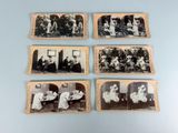 six old black and white photographs of people sitting around a table