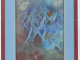 painting of a blue and red abstract painting in a red frame