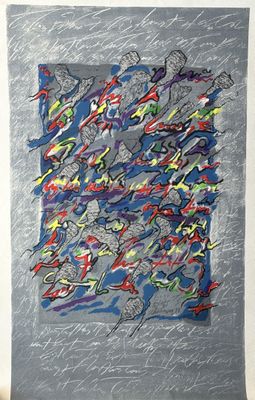 une peinture abstraite composée de touches de bleu, de rouge et de vert sur un fond gris
