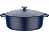 a blue casserole with a lid on a white background