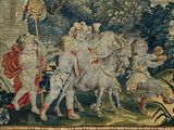 a tapestry with a picture of a group of people riding on horses