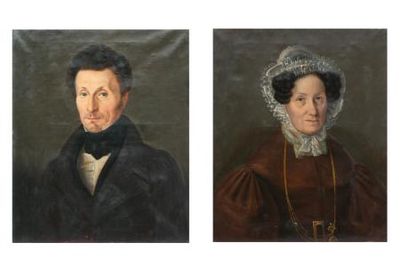 two portraits of a man and a woman, one of which is wearing a bonnet and the other of which