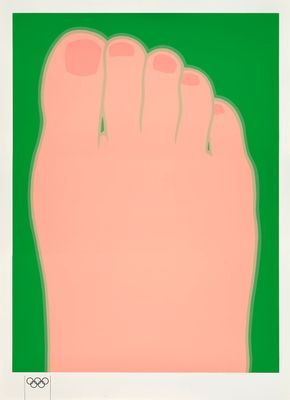 an image of a green and pink poster with a foot on it