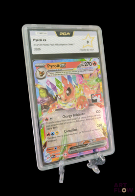 a pokemon card in a plastic holder on a black background