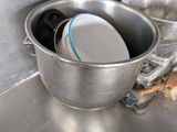 a large metal bowl sitting on top of a kitchen counter