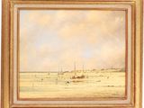 a painting of boats on the beach with a sky in the background