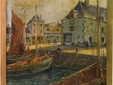an image of a painting of boats in a harbor with buildings in the background