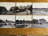 several black and white photos of a city with a bridge and a river