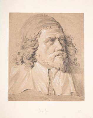 an old drawing of a man with long hair and a beard