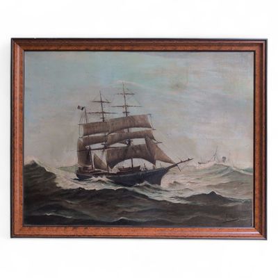 Etienne VAN HOVE (1857-?) Trois mâts en pleine mer, 1912. Hu…