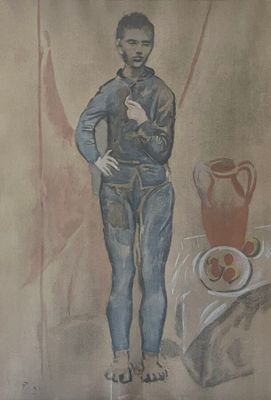 painting of a man standing in front of a table with a bowl of fruit