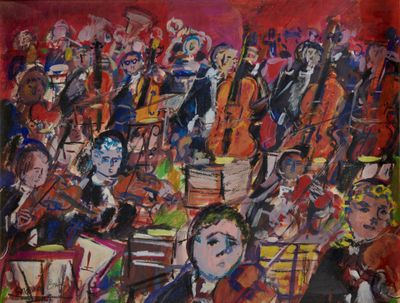 un tableau représentant un groupe de personnes au sein d'un orchestre