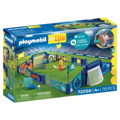the playmobil is in the box with a soccer field