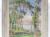 un tableau représentant des arbres et un plan d'eau, dans un cadre blanc