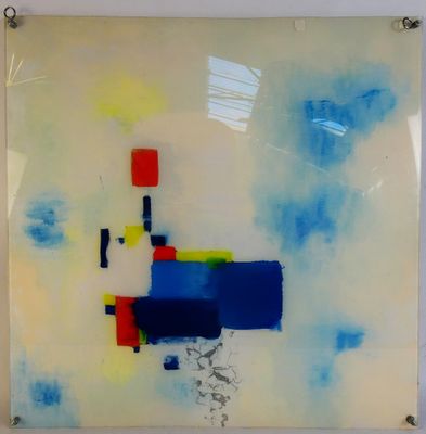 painting on glass with blue, yellow, red, and white colors