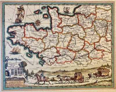 une vieille carte de l'Angleterre avec une calèche au premier plan