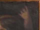 painting of a woman ' s head with her hands in the air