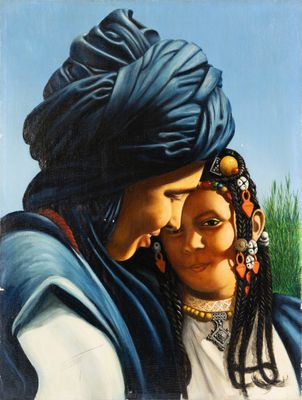 Ecole marocaine du Xxe s, "Mère et fille", huile sur toile s…