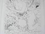 drawing of a woman sitting on a horse in a field