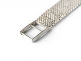 silver metal watch strap on a white surface with a metal buckle