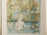 a drawing of a woman sitting in a body of water