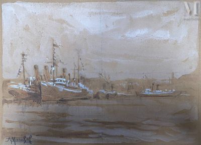 une peinture représentant un bateau sur l'eau, avec le ciel en arrière-plan