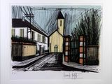 dessin représentant une scène de rue avec une église en arrière-plan