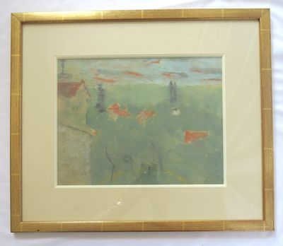 tableau encadré représentant un paysage avec des poissons rouges dans l'eau