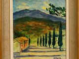 une peinture d'un paysage avec des arbres et des montagnes en arrière-plan