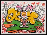 painting of a cartoon bunny with a flower in front of a graffiti wall