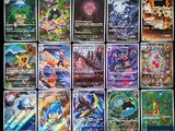 pokemon trading cards are displayed on a black background