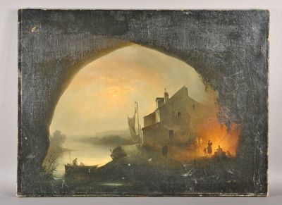 une peinture à l'huile représentant un bateau sur une rivière, avec un château en arrière-plan