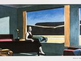 un tableau représentant une femme assise à un bureau, regardant par la fenêtre
