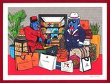 tableau représentant deux hommes en costume et chapeau, assis devant une table couverte de sacs de courses