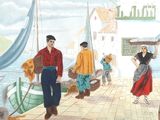 a painting of a man and a woman walking on a dock