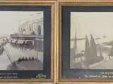 two old black and white photos of boats in a harbor