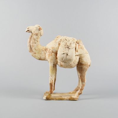 statue d'un chameau debout sur un socle en bois, sur fond gris
