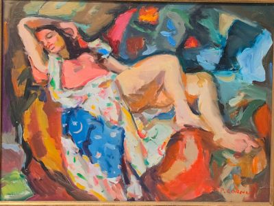a painting of a woman laying down on a couch
