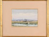 an image of a painting of a landscape with a river in the foreground