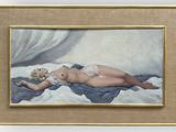 tableau représentant une femme nue allongée sur un lit, recouverte d'une couverture bleue