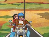 painting of a man and a woman riding a motorcycle down a road