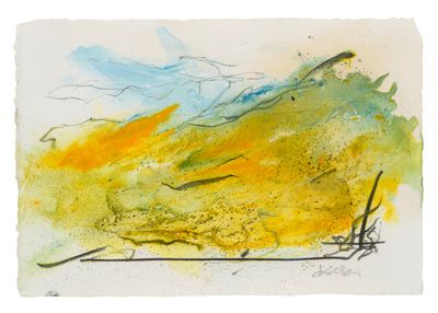 aquarelle abstraite représentant une montagne jaune et verte sur fond de ciel